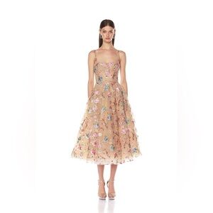 Mademoiselle Embroidered Gold Floral Midi Dress M NWOT